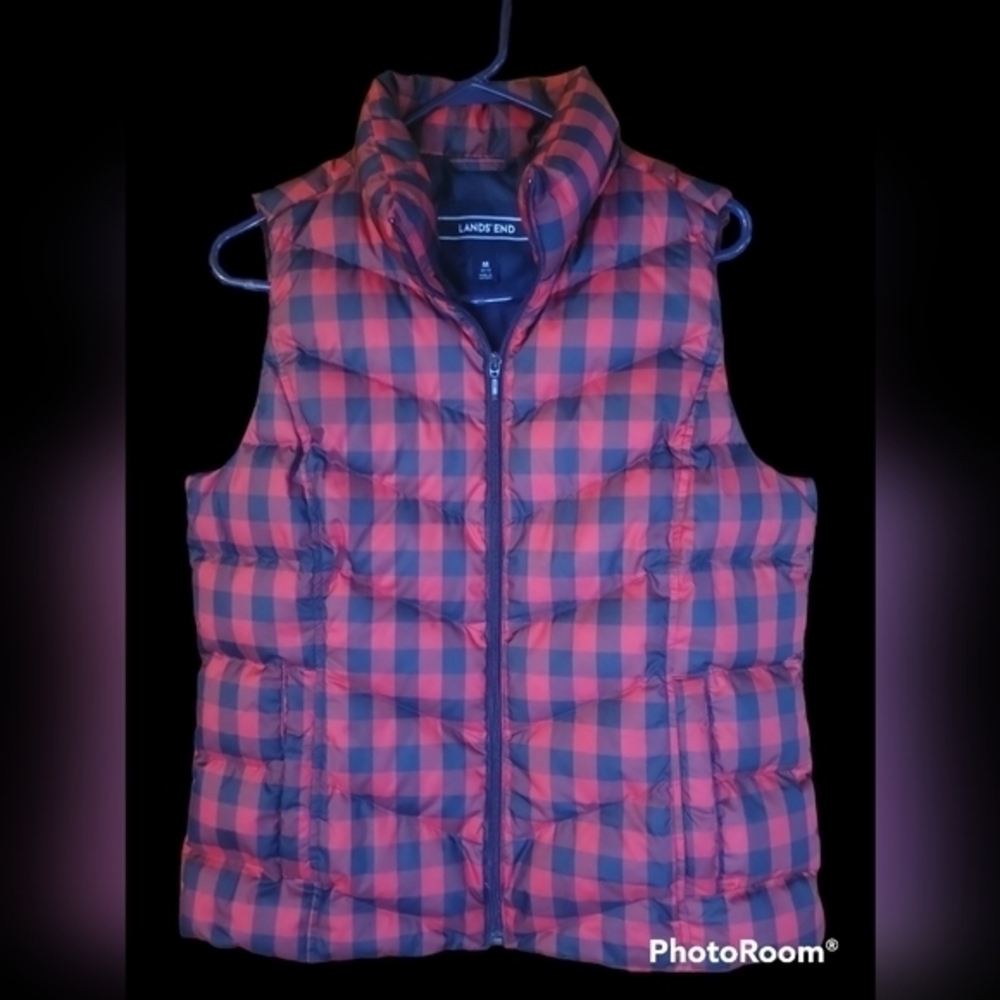 LANDS END NAVY‎ & RED BUFFALO PLAID DOWN FILLED PUFFER VEST SIZE MED 8-10